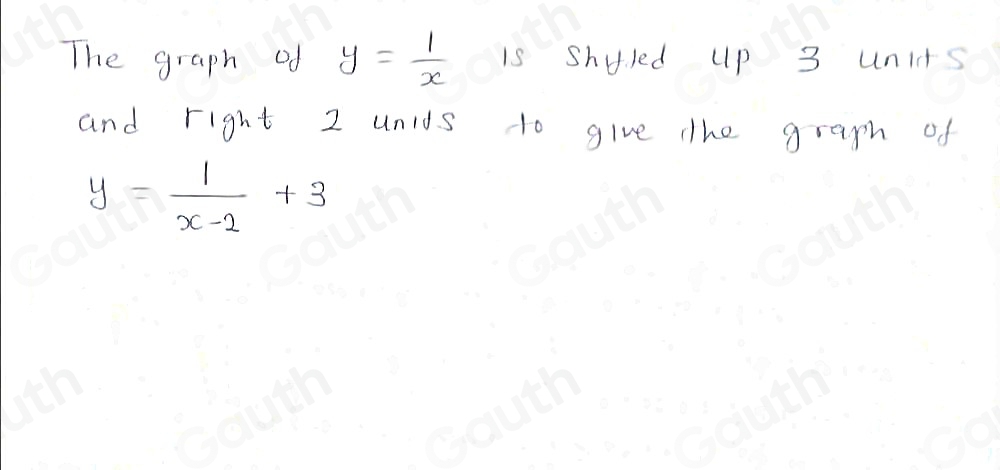 The graph of y= 1/x  is shuled up 3 units
and right 2 unids to give the graph of
y= 1/x-2 +3