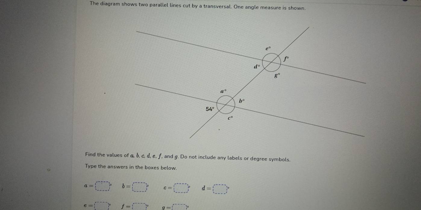 The diagram shows two parallel lines cut by a transversal. One angle measure is shown.
Find the values of α, b, c, α, e, f, and g. Do not include any labels or degree symbols.
Type the answers in the boxes below.
a=□° b=□° c=□° d=□°
e=□° f=□° q=□°