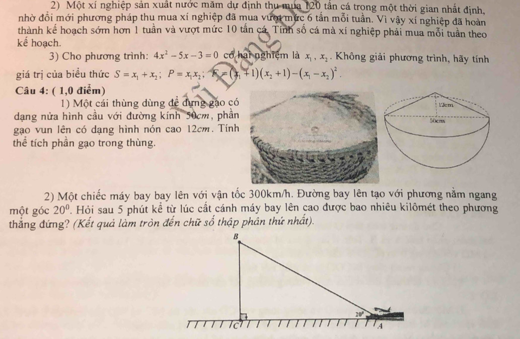 Một xí nghiệp sản xuất nước măm dự định thu mua 120 tần cá trong một thời gian nhất định, 
nhờ đổi mới phương pháp thu mua xí nghiệp đã mua vượt mức 6 tấn mỗi tuần. Vì vậy xí nghiệp đã hoàn 
thành kế hoạch sớm hơn 1 tuần và vượt mức 10 tấn cá. Tính số cá mà xí nghiệp phải mua mỗi tuần theo 
kế hoạch. 
3) Cho phương trình: 4x^2-5x-3=0 có hai nghiệm là x_1, x_2. Không giải phương trình, hãy tính 
giá trị của biểu thức S=x_1+x_2; P=x_1x_2; F=(x_1+1)(x_2+1)-(x_1-x_2)^2. 
Câu 4: ( 1,0 điểm) 
1) Một cái thùng dùng để dựng gặo có 
dạng nửa hình cầu với đường kính 50cm, phần 
gạo vun lên có dạng hình nón cao 12cm. Tính 
thể tích phần gạo trong thùng. 
2) Một chiếc máy bay bay lên với vận tốc 300km/h. Đường bay lên tạo với phương nằm ngang 
một góc 20°. Hỏi sau 5 phút kể từ lúc cất cánh máy bay lên cao được bao nhiêu kilômét theo phương 
thẳng đứng? (Kết quả làm tròn đến chữ số thập phân thứ nhất). 
B
20°
A