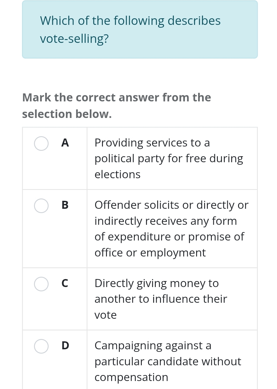 Which of the following describes 
vote-selling? 
Mark the correct answer from the 
selection below. 
compensation