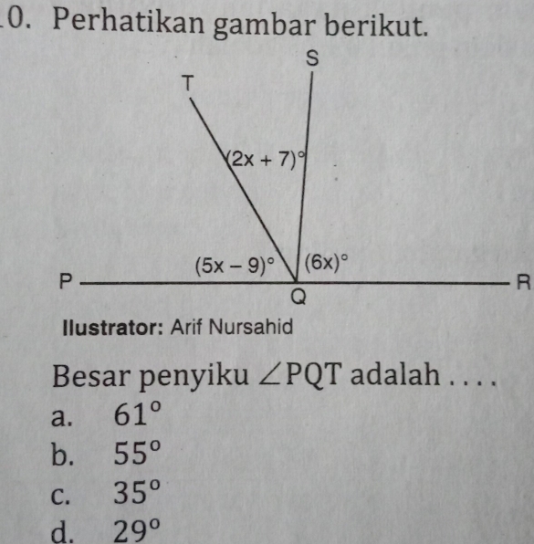 Perhatikan gambar berikut.
R
Ilustrator: Arif Nursahid
Besar penyiku ∠ PQT adalah . . . .
a. 61°
b. 55°
C. 35^o
d. 29°