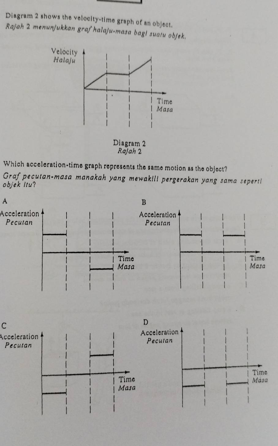 Diagram 2 shows the velocity-time graph of an object.
Rajah 2 menunjukkan grafhalaju-masa bag! suatu objek,
Which acceleration-time graph represents the same motion as the object?
Graf pecutan-masa manakah yang mewakill pergerakan yang sama sepert!
objek ltu?
A
Acceleration
C
Acceleration