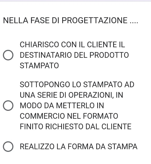 NELLA FASE DI PROGETTAZIONE .... 
CHIARISCO CON IL CLIENTE IL 
DESTINATARIO DEL PRODOTTO 
STAMPATO 
SOTTOPONGO LO STAMPATO AD 
UNA SERIE DI OPERAZIONI, IN 
MODO DA METTERLO IN 
COMMERCIO NEL FORMATO 
FINITO RICHIESTO DAL CLIENTE 
REALIZZO LA FORMA DA STAMPA