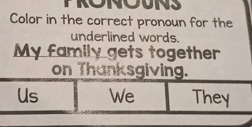 Color in the correct pronoun for the 
underlined words. 
My family gets together 
on Thanksgiving. 
We 
Us They