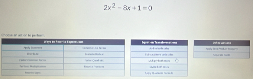 2x^2-8x+1=0
Choose an action to perform.
Other Actions
Apply Zero Product Property
Separate Roots