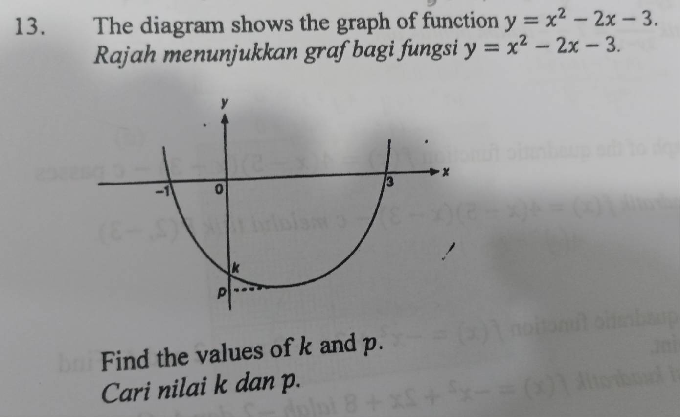 ' The diagram shows the graph of function y=x^2-2x-3. 
Rajah menunjukkan graf bagi fungsi y=x^2-2x-3. 
Find the values of k and p.
Cari nilai k dan p.