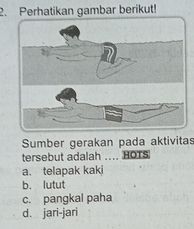 Perhatikan gambar berikut!
Sumber gerakan pada aktivitas
tersebut adalah .... HOTS
a. telapak kaki
b. lutut
c. pangkal paha
d. jari-jari