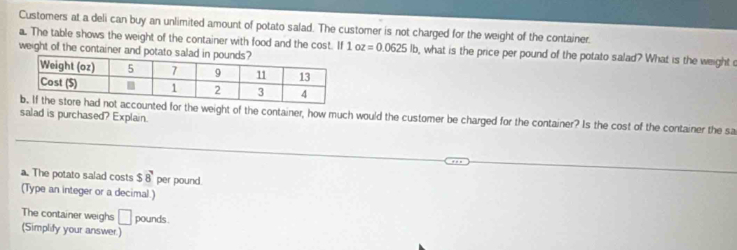 Customers at a deli can buy an unlimited amount of potato salad. The customer is not charged for the weight of the container. 
a. The table shows the weight of the container with food and the cost. If 1oz=0.0625lb , what is the price per pound of the potato salad? What is the weight 
weight of the container and potato 
ed for the weight of the container, how much would the customer be charged for the container? Is the cost of the container the sa 
salad is purchased? Explain. 
a. The potato salad costs $8 per pound. 
(Type an integer or a decimal.) 
The container weighs pounds. 
(Simplify your answer.)