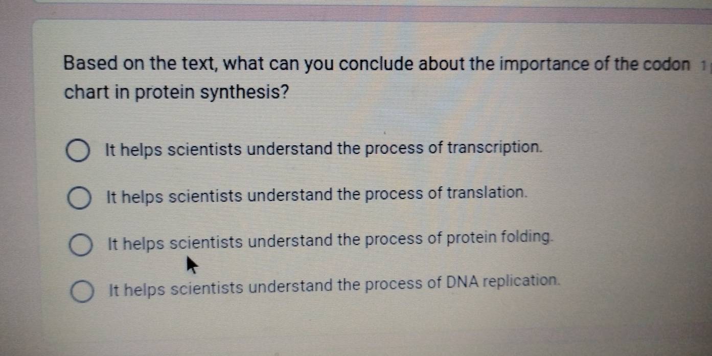 Based on the text, what can you conclude about the importance of the codon 1
chart in protein synthesis?
It helps scientists understand the process of transcription.
It helps scientists understand the process of translation.
It helps scientists understand the process of protein folding.
It helps scientists understand the process of DNA replication.