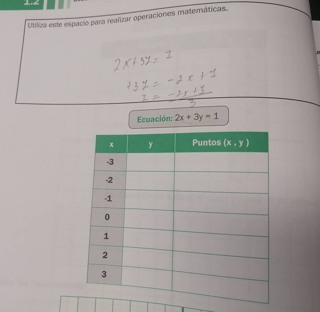 Utiliza este espacio para realizar operaciones matemáticas.
 
Ecuación: 2x+3y=1