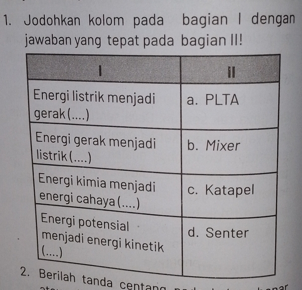 Jodohkan kolom pada bagian I dengan 
jawaban yang tepat pada bagian II! 
h tanda centano