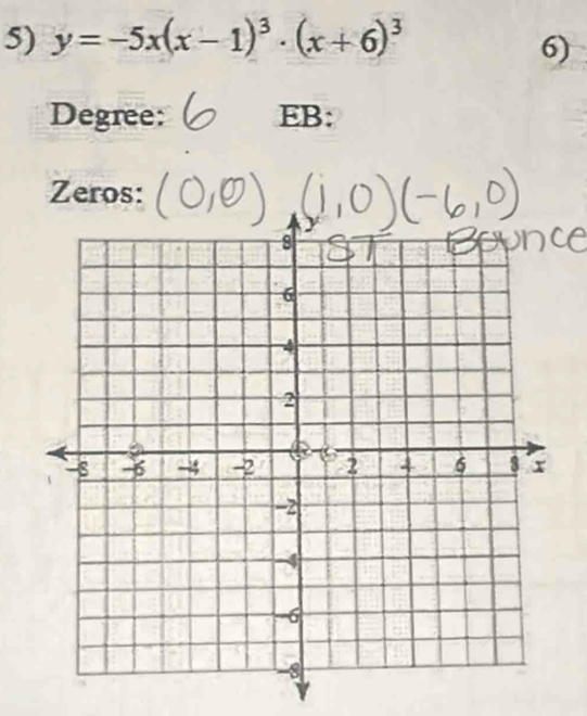 y=-5x(x-1)^3· (x+6)^3
6) 
Degree: EB: 
Zeros: