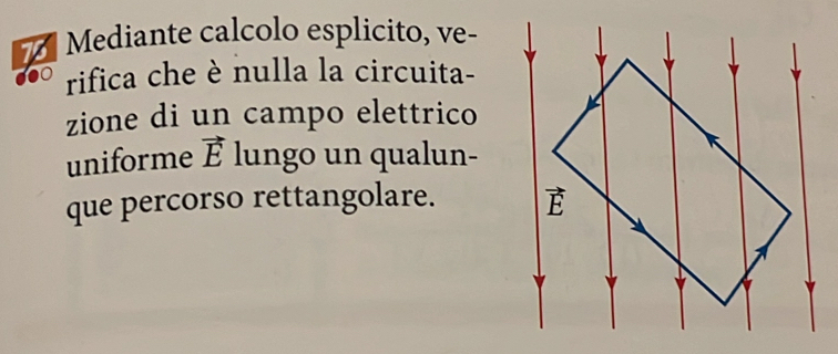 Mediante calcolo esplicito, ve-
0●0 rifica che è nulla la circuita-
zione di un campo elettrico
uniforme vector E lungo un qualun-
que percorso rettangolare.