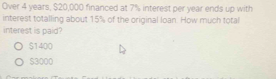 Over 4 years, $20,000 financed at 7% interest per year ends up with
interest totalling about 15% of the original loan. How much total
interest is paid?
$1400
S3000