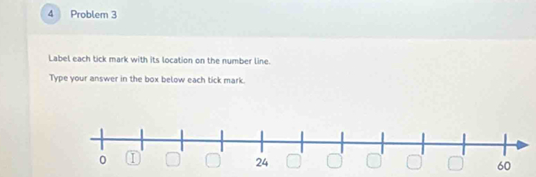 Problem 3 
Label each tick mark with its location on the number line. 
Type your answer in the box below each tick mark.