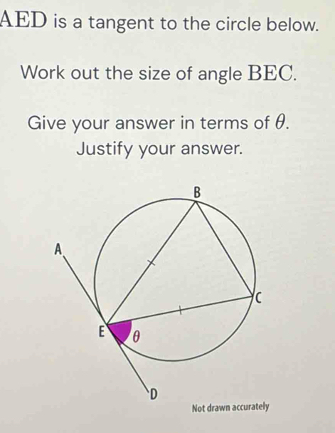 AED is a tangent to the circle below. 
Work out the size of angle BEC. 
Give your answer in terms of θ. 
Justify your answer. 
Not drawn accu