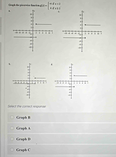 Graph the piecewise function g(x)=beginarrayl -4ifx<2 4ifx≥ 2endarray.
a.
c

b
d.
Select the correct response:
Graph B
Graph A
Graph D
Graph C