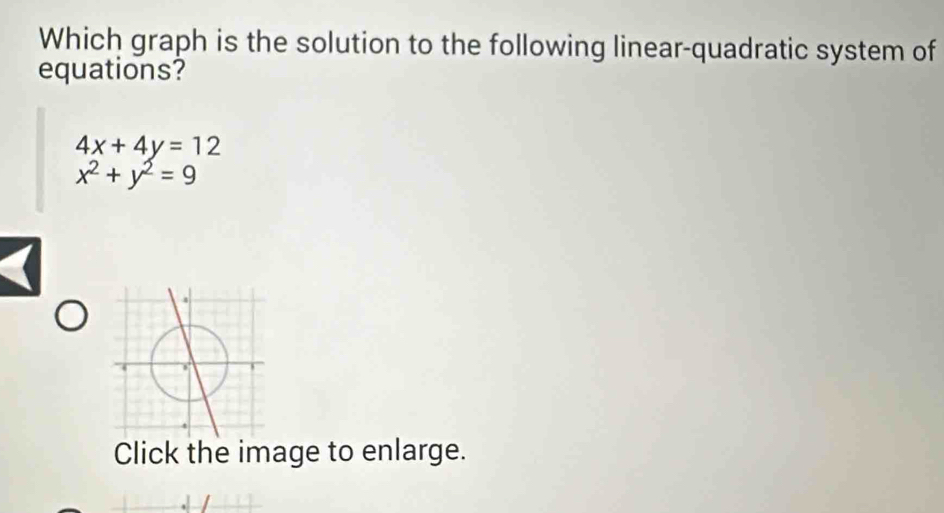 Which graph is the solution to the following linear-quadratic system of
equations?
4x+4y=12
x^2+y^2=9
Click the image to enlarge.