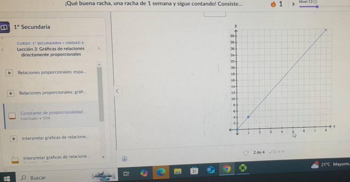 ¡Qué buena racha, una racha de 1 semana y sigue contando! Consiste... 1 Nivel 13 @
1° Secundaria 
CURSO: 1° SECUNDARIA > UNIDAD 6 
Lección 3: Gráfcas de relaciones 
directamente proporcionales 
D Relaciones proporcionales: espa... 
D Relaciones proporcionales: gráh... 
L 
Constante de proporcionalidad ... 
Intentado • 50%
Interpretar gráficas de relacione... 
Interpretar gráficas de relacione... 
A 2 de 4
21° Mayorm 
Buscar