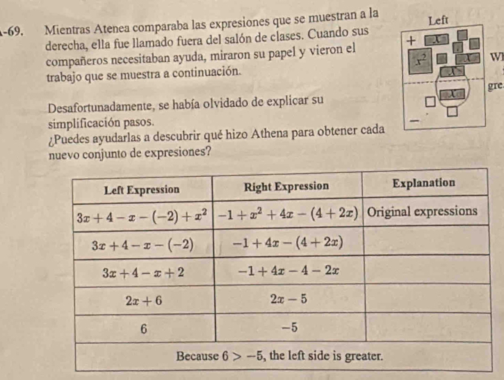 Mientras Atenea comparaba las expresiones que se muestran a la
derecha, ella fue llamado fuera del salón de clases. Cuando sus
compañeros necesitaban ayuda, miraron su papel y vieron el 
W
trabajo que se muestra a continuación.
gre.
Desafortunadamente, se había olvidado de explicar su
simplificación pasos.
¿Puedes ayudarlas a descubrir qué hizo Athena para obtener cada
nuevo conjunto de expresiones?