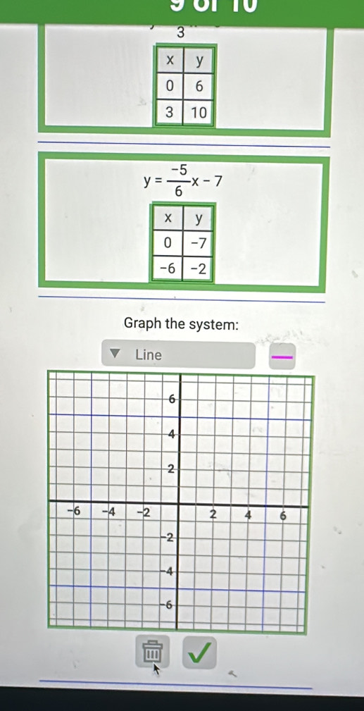 3
y= (-5)/6 x-7
Graph the system: 
Line