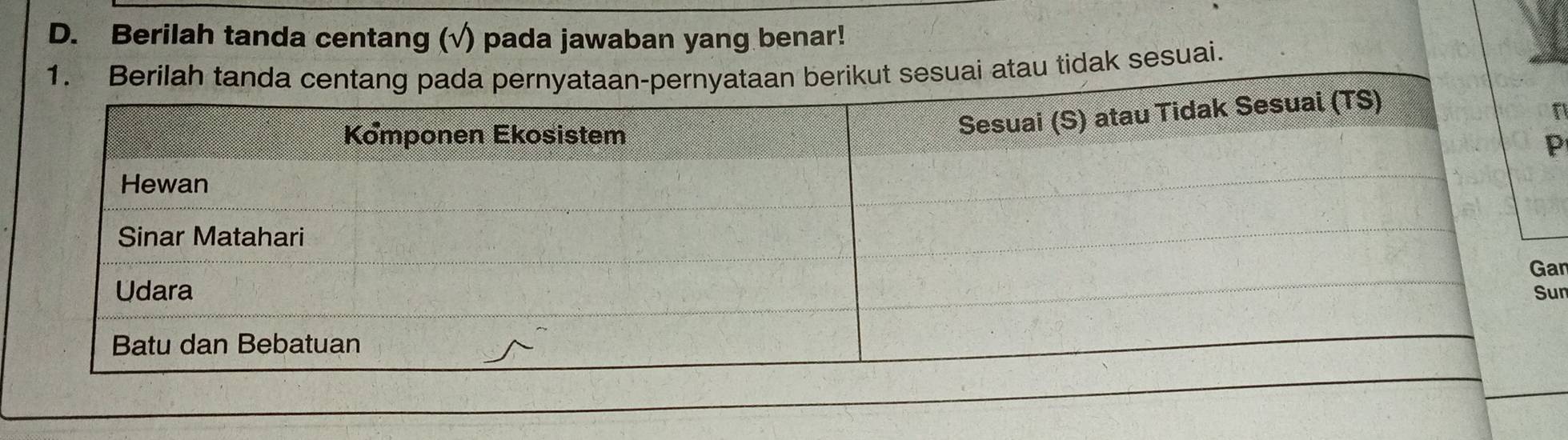 Berilah tanda centang (√) pada jawaban yang benar! 
1t sesuai atau tidak sesuai.
P
an 
un