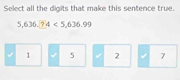 Select all the digits that make this sentence true.
5,636.?4<5,636.99
1 5 √ 2 √ 7