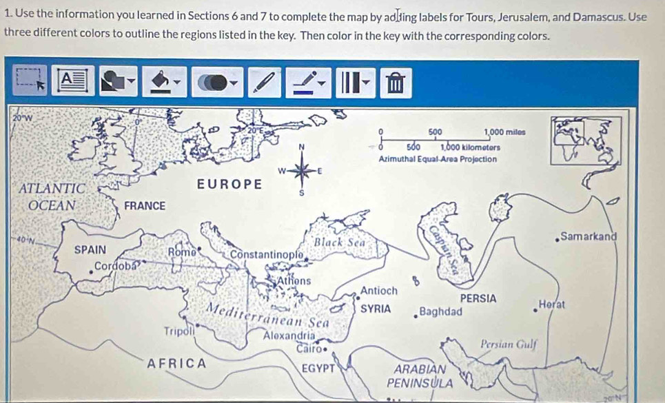 Use the information you learned in Sections 6 and 7 to complete the map by ad≌ing labels for Tours, Jerusalem, and Damascus. Use 
three different colors to outline the regions listed in the key. Then color in the key with the corresponding colors.
A
2
20° N