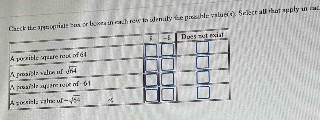 box or boxes in each row to identify the possible value(s). Select all that apply in eac