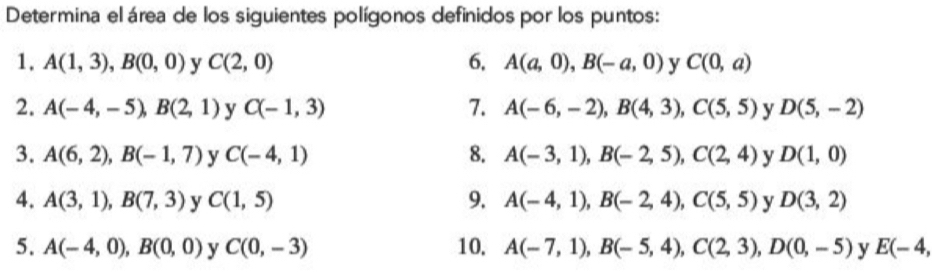 Determina el área de los siguientes polígonos definidos por los puntos: 
1. A(1,3), B(0,0) y C(2,0) 6. A(a,0), B(-a,0) y C(0,a)
2. A(-4,-5), B(2,1) y C(-1,3) 7. A(-6,-2), B(4,3), C(5,5) y D(5,-2)
3. A(6,2), B(-1,7) y C(-4,1) 8. A(-3,1), B(-2,5), C(2,4) y D(1,0)
4. A(3,1), B(7,3) y C(1,5) 9. A(-4,1), B(-2,4), C(5,5) y D(3,2)
5. A(-4,0), B(0,0) y C(0,-3) 10. A(-7,1), B(-5,4), C(2,3), D(0,-5) y E(-4,