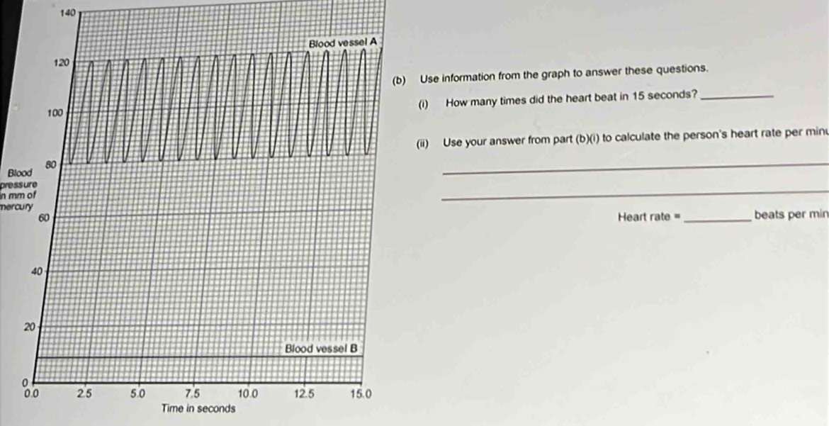 140 
Use information from the graph to answer these questions. 
i) How many times did the heart beat in 15 seconds?_ 
ii) Use your answer from part (b)(i) to calculate the person's heart rate per min
Blo 
_ 
pressure 
n mm of 
_ 
mercury 
Heart rate = _beats per min
Time in seconds