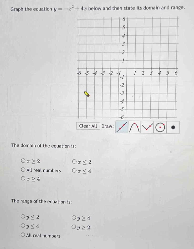 Graph the equation y=-x^2+4x below and then state its domain and range.
Clear All Draw:
The domain of the equation is:
x≥ 2
x≤ 2
All real numbers x≤ 4
x≥ 4
The range of the equation is:
y≤ 2
y≥ 4
y≤ 4
y≥ 2
All real numbers