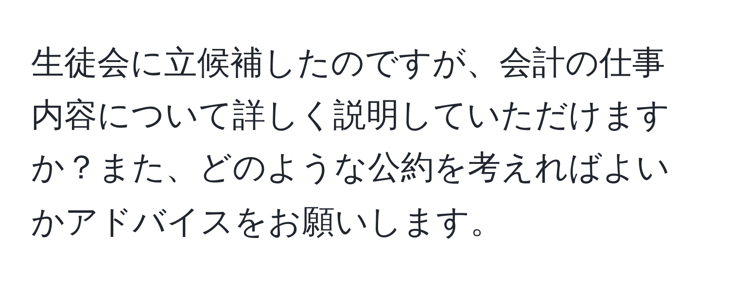 生徒会に立候補したのですが、会計の仕事内容について詳しく説明していただけますか？また、どのような公約を考えればよいかアドバイスをお願いします。