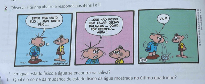 Observe a tirinha abaixo e responda aos itens I e II. 

l. Em qual estado físico a água se encontra na saliva? 
II. Qual é o nome da mudança de estado físico da água mostrada no último quadrinho?