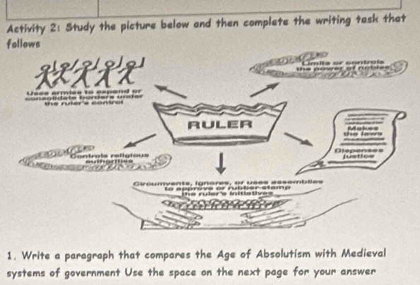 Activity 2: Study the picture below and then complete the writing task that 
follows 
1. Write a paragraph that compares the Age of Absolutism with Medieval 
systems of government Use the space on the next page for your answer