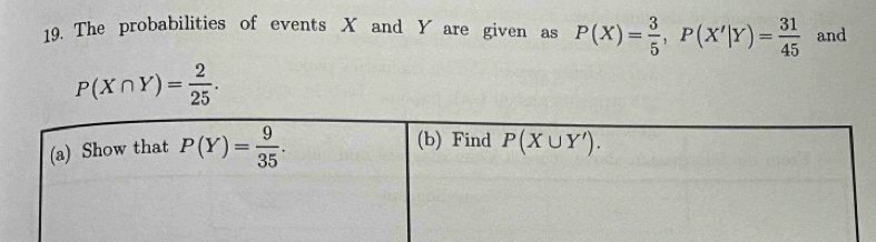 The probabilities of events X and Y are given as P(X)= 3/5 ,P(X'|Y)= 31/45  and
P(X∩ Y)= 2/25 .