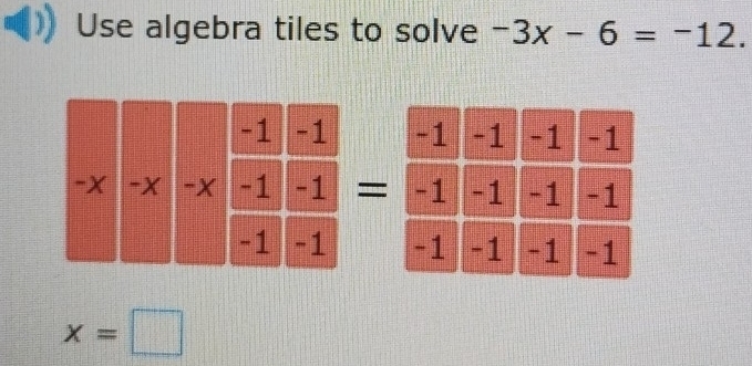 Use algebra tiles to solve -3x-6=-12.

x=□