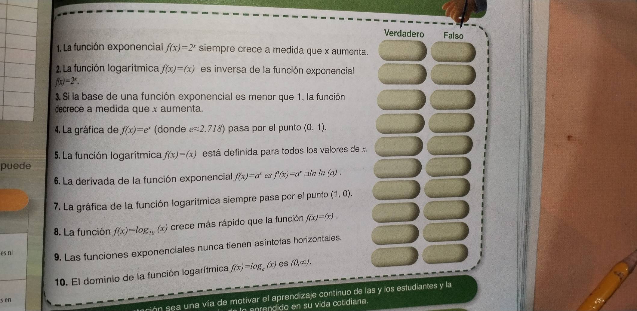 Verdadero Falso
1. La función exponencial f(x)=2^x siempre crece a medida que x aumenta.
2. La función logarítmica f(x)=(x) es inversa de la función exponencial
f(x)=2^x. 
3. Si la base de una función exponencial es menor que 1, la función
decrece a medida que x aumenta.
4. La gráfica de f(x)=e^x (donde eapprox 2.718) pasa por el punto (0,1). 
5. La función logarítmica f(x)=(x) está definida para todos los valores de x.
puede
6. La derivada de la función exponencial f(x)=a^x es f'(x)=a^x□ ln ln (a). 
7. La gráfica de la función logarítmica siempre pasa por el punto (1,0). 
8. La función f(x)=log _10(x) crece más rápido que la función f(x)=(x). 
es ni
9. Las funciones exponenciales nunca tienen asíntotas horizontales.
10. El dominio de la función logarítmica f(x)=log _a (x) es (0,∈fty ). 
t ció a un a vía de motivar el aprendizaje continuo de las y los estudiantes y la
s en
a n e ndido en su vida cotidiana.