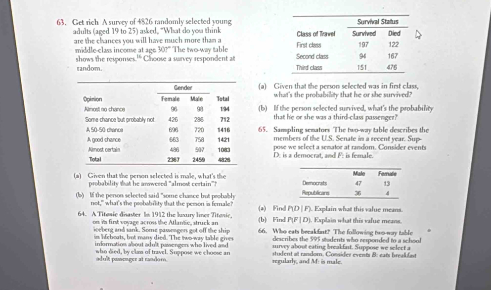 Get rich A survey of 4826 randomly selected young 
adults (aged 19 to 25) asked, “What do you think 
are the chances you will have much more than a 
middle-class income at age 30?" The two-way table 
shows the responses." Choose a survey respondent at 
random. 
(a) Given that the person selected was in first class, 
what's the probability that he or she survived? 
(b) If the person selected survived, what's the probability 
that he or she was a third-class passenger? 
65. Sampling senators The two-way table describes the 
members of the U.S. Senate in a recent year. Sup- 
pose we select a senator at random. Consider events 
D: is a democrat, and F : is female. 
(a) Given that the person selected is male, what's the 
probability that he answered “almost certain”? 
(b) If the person selected said “some chance but probably 
not," what's the probability that the person is female? (a) Find P(D|F). Explain what this value means. 
64. A Titanic disaster In 1912 the luxury liner Titanic, (b) Find P(F|D) ). Explain what this value means. 
on its first voyage across the Atlantic, struck an 
iceberg and sank. Some passengers got off the ship 66. Who eats breakfast? The following two-way table 
in lifeboats, but many died. The two-way table gives describes the 595 students who responded to a school 
information about adult passengers who lived and survey about eating breakfast. Suppose we select a 
who died, by class of travel. Suppose we choose an student at random. Consider events B: eats breakfast 
adult passenger at random. regularly, and M: is male.