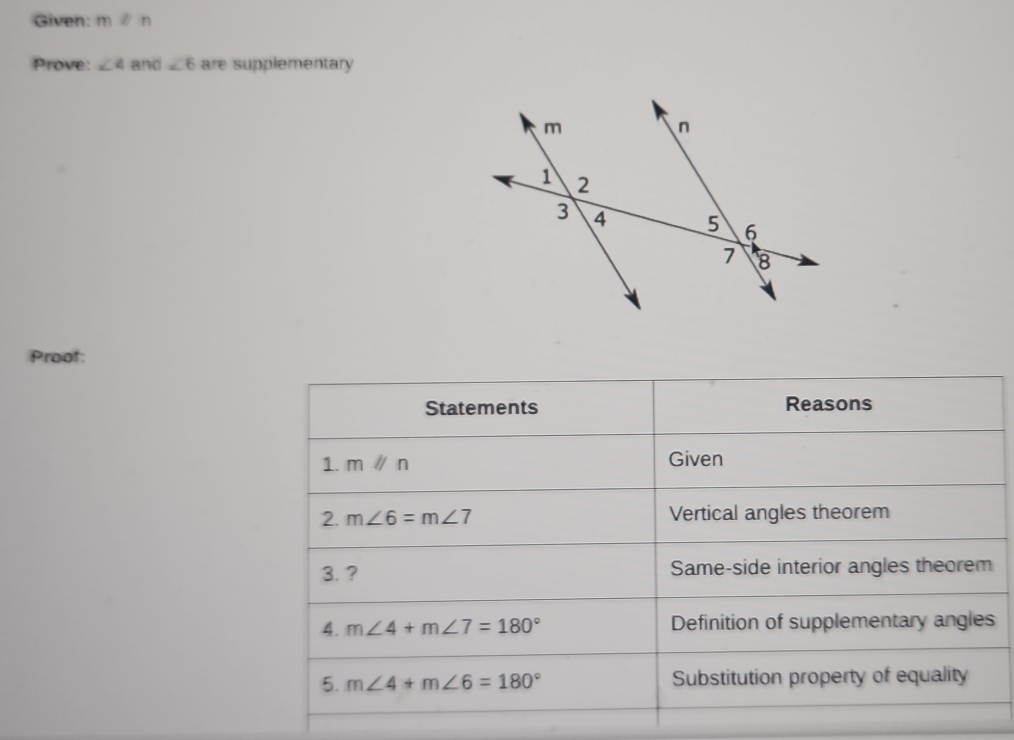 Given: mparallel n
Prove: ∠ 4 and ∠ 6 are supplementary 
Proof: 
Statements Reasons 
1. mparallel n Given 
2. m∠ 6=m∠ 7 Vertical angles theorem 
3. ? Same-side interior angles theorem 
4. m∠ 4+m∠ 7=180° Definition of supplementary angles 
5. m∠ 4+m∠ 6=180° Substitution property of equality