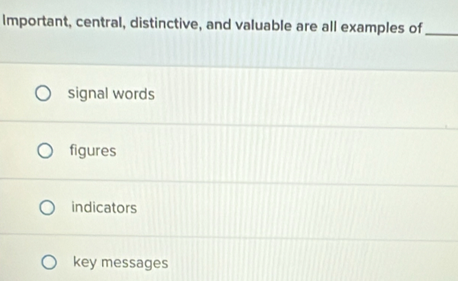 Solved: Important, central, distinctive, and valuable are all examples ...