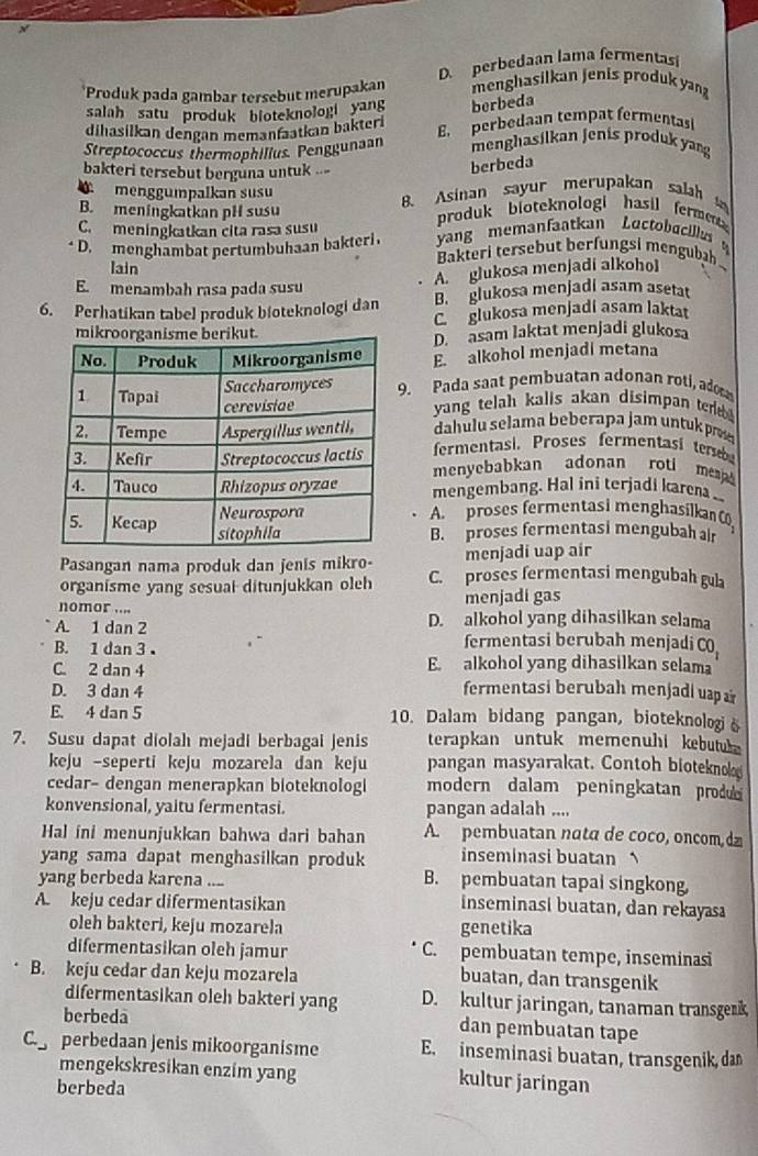 D. perbedaan lama fermentas
*Produk pada gambar tersebut merupakan menghasilkan jenis produk yang
salah satu produk bioteknologi yang berbeda
Streptococcus thermophilius. Penggunaan E. perbedaan tempat fermentasi
dihasilkan dengan memanfaatkan bakteri menghasilkan jenis produk yang
bakteri tersebut berguna untuk .=
berbeda
menggumpalkan susu B. Asinan sayur merupakan salah
B. meningkatkan pH susu produk bioteknologi hasil fermet
C. meningkatkan cita rasa susu yang memanfaatkan Lactobacillu
D. menghambat pertumbuhaan bakteri Bakteri tersebut berfungsi mengubah 
lain
A. glukosa menjadi alkohol
E. menambah rasa pada susu
6. Perhatikan tabel produk bioteknologi dan B. glukosa menjadi asam asetat
C glukosa menjadi asam laktat
D. asam laktat menjadi glukosa
E. alkohol menjadi metana
9. Pada saat pembuatan adonan roti, ado
yang telah kalis akan disimpan ter 
dahulu selama beberapa jam untuk pre 
fermentasi. Proses fermentasi terb
menyebabkan adonan roti mes 
mengembang. Hal ini terjadi karena
A. proses fermentasi menghasilkan CO
B. proses fermentasi mengubah air
Pasangan nama produk dan jenis mikro- menjadi uap air
organisme yang sesual ditunjukkan oleh C. proses fermentasi mengubah gula
nomor .... menjadi gas
A. 1 dan 2 D. alkohol yang dihasilkan selama
B. 1 dan 3 •
fermentasi berubah menjadi CO
C. 2 dan 4 E. alkohol yang dihasilkan selama
D. 3 dan 4 fermentasi berubah menjadi upa
E. 4 dan 5 10. Dalam bidang pangan, bioteknologi 6
7. Susu dapat diolah mejadi berbagai jenis terapkan untuk memenuhi kebutul 
keju -seperti keju mozarela dan keju pangan masyarakat. Contoh bioteknok
cedar- dengan menerapkan bioteknologi modern dalam peningkatan produc
konvensional, yaitu fermentasi. pangan adalah ....
Hal ini menunjukkan bahwa dari bahan A. pembuatan nata de coco, oncom d
yang sama dapat menghasilkan produk inseminasi buatan 
yang berbeda karena .... B. pembuatan tapal singkong
A. keju cedar difermentasikan inseminasi buatan, dan rekaya
oleh bakteri, keju mozarela genetika
difermentasikan oleh jamur C. pembuatan tempe, inseminasi
B. keju cedar dan keju mozarela
buatan, dan transgenik
difermentasikan oleh bakteri yang D. kultur jaringan, tanaman transgek
berbeda dan pembuatan tape
C  perbedaan jenis mikoorganisme E. inseminasi buatan, transgenik, da
mengekskresikan enzim yang kultur jaringan
berbeda