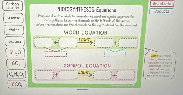 Carbon Reactants 
dloxide PHOTOSYNTHESIS: Equations Products 
Glucose Drag and drop the labels to complete the word and symbol equations for 
photosynthesis. Label the chemicals on the left side of the arrow 
(before the reaction) and the chemicals on the right side (after the reaction) 
Water 
WORD EQUATION 
Oxygen + LIGHT、 □ +□
6H_2O
Light is written 
along the arrow 
because it is nor .
6O_2 chemical - it is o 
SUMBOL EQUATION 
type of energy
C_6H_12O_6 □ +□ LIGHT □° □ reaction to occur required for the 
-
6CO_2