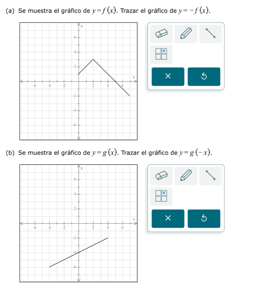 Se muestra el gráfico de y=f(x). Trazar el gráfico de y=-f(x). 
x 
× 
(b) Se muestra el gráfico de y=g(x). Trazar el gráfico de y=g(-x). 
×