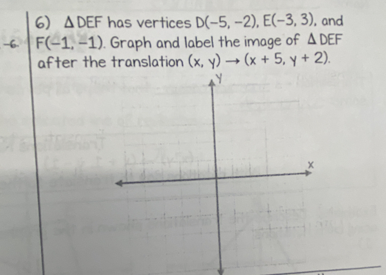 △ DEF has vertices D(-5,-2), E(-3,3) , and
-6. F(-1,-1). Graph and label the image of △ DEF
after the translation (x,y)to (x+5,y+2).