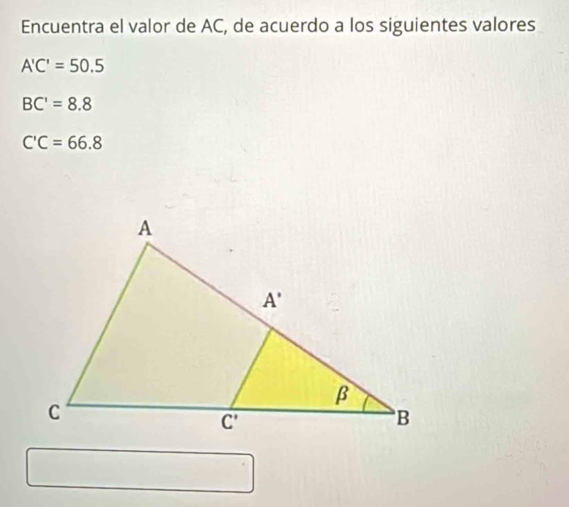 Encuentra el valor de AC, de acuerdo a los siguientes valores
A'C'=50.5
BC'=8.8
C'C=66.8