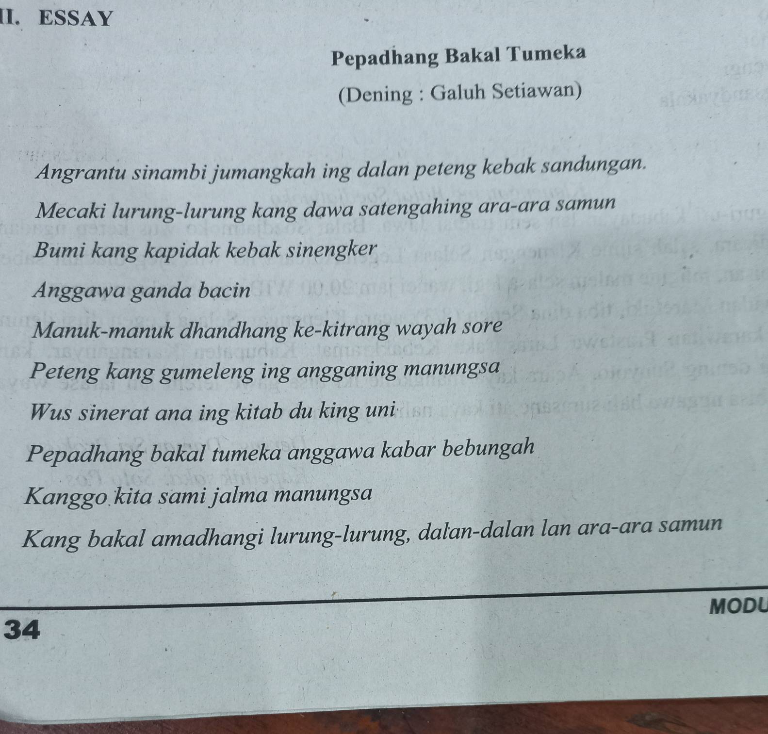 ESSAY 
Pepadhang Bakal Tumeka 
(Dening : Galuh Setiawan) 
Angrantu sinambi jumangkah ing dalan peteng kebak sandungan. 
Mecaki lurung-lurung kang dawa satengahing ara-ara samun 
Bumi kang kapidak kebak sinengker 
Anggawa ganda bacin 
Manuk-manuk dhandhang ke-kitrang wayah sore 
Peteng kang gumeleng ing angganing manungsa 
Wus sinerat ana ing kitab du king uni 
Pepadhang bakal tumeka anggawa kabar bebungah 
Kanggo kita sami jalma manungsa 
Kang bakal amadhangi lurung-lurung, dalan-dalan lan ara-ara samun 
MODU 
34