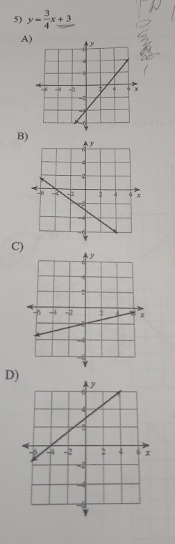 y= 3/4 x+3
A 
B) 
C) 
D)