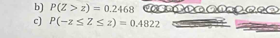 P(Z>z)=0.2468
c) P(-z≤ Z≤ z)=0.4822