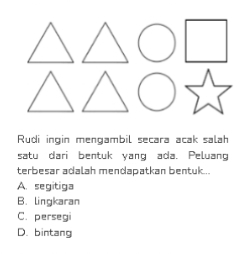 Rudi ingin mengambil secara acak salah
satu dari bentuk yang ada. Peluang
terbesar adalah mendapatkan bentuk...
A. segitiga
B. lingkaran
C. persegi
D. bintang